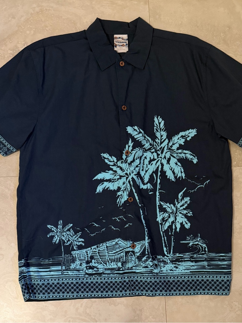 Disney Tiki Kingdom Men's Navy Blue Hawaiian Luau Mickey Palm Button-Up Shirt